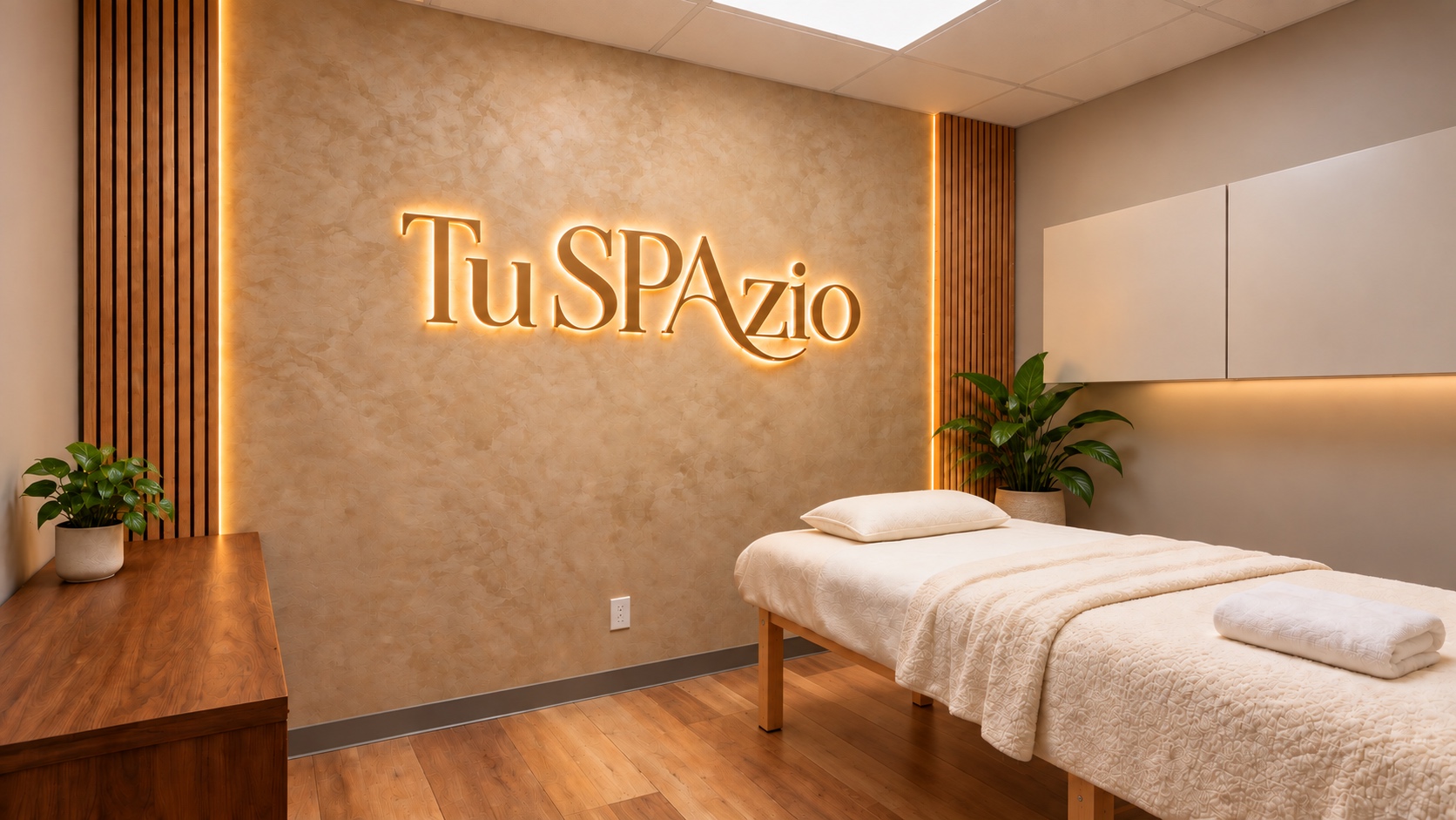 Warm Tu SPAzio treatment suite with a wooden table, plants, and illuminated wall sign